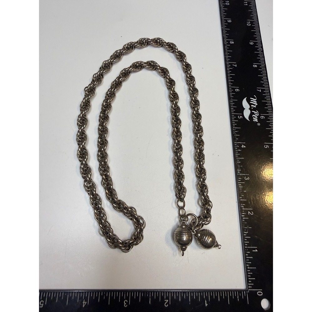 Vintage Silver Tone Chunky Rope Chain Necklace Double Link Ribbed Charms 22 Inch